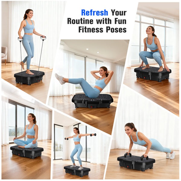 1-Piece Black Vibration Plate (Fat-Burning Machine) - 180 Adjustable Speed Settings, 150kg Load, Upgraded Handles & Resistance Bands, Speakers & Remote Control for Home/Office Full-Body Workouts
