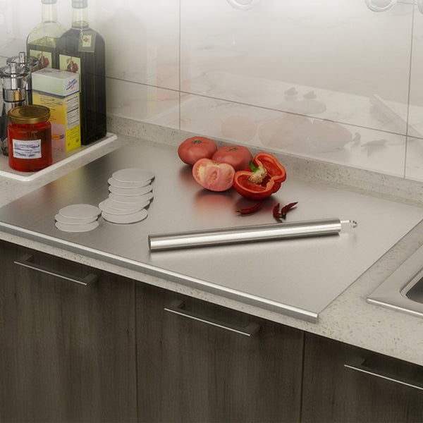 Medium/Large/Extra-Large Stainless Steel Chopping Board, thickened one-piece construction, designed for kitchen tasks. Suitable for vegetable preparation, pizza and cake bread kneading, and fruit processing. Freestanding food preparation surface and knead