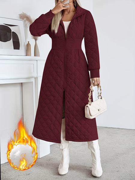 Women'S Casual Quilted Long Coat, Solid Color Long Sleeves with Pockets, Elegant Hooded Winter Warm Jacket