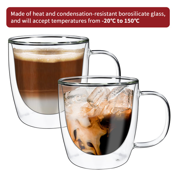 Vinsani Double Walled Coffee Drink Glasses Tea Cup Mug Heat Cold Resistant Aesthetic Clear Borosilicate Glass with Handle Cappuccino Latte Tea Dessert Hot and Cold Drinks