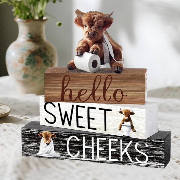 4pcs Wooden Highland (Cattle) Decor - 3 Rustic Scottish Figurines, Animal Blocks for Farmhouse Shelf, Tabletop, or Scottish-Themed Room Décor - Multi- Scottish Cattle Blocks