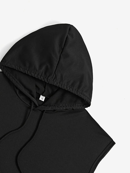 Women's Solid Color Suit, Polyester Fabric, Machine Washable, Casual and Loose Fit, Suitable for Going Out, Drawstring Sleeveless Hooded Sweatshirt, Trouser Suit.