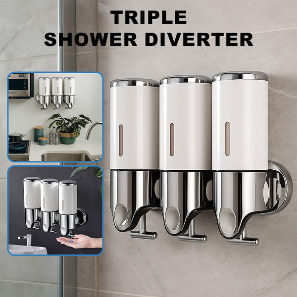 Household Three-Head Wall-Mounted Soap Dispenser Manual Press Shampoo Shower Gel Bathroom Liquid Soap Storage Box White