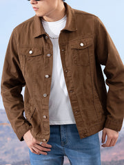 Spring and Autumn Hot Men's Denim Jacket for Teens, High-End Long Sleeve Turn- Collar Casual Coat