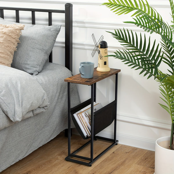 Narrow Side Table, Slim Bedside Table, Industrial Sofa Table with Magazine Organizer, Space Saver, Suitable for Living Room, Bedroom, Vintage Brown And Black
