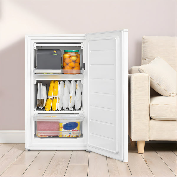 COMFEE' 60 Litre Upright Under Counter Freezer, 48cm Freestanding Freezer - Adjustable Thermostat & Reversible Door for Flexible Installation - 4-Star Freezer Rating Performance in Energy Saving, White Design (Energy E) - Ideal for Small Kitchens, Restaur