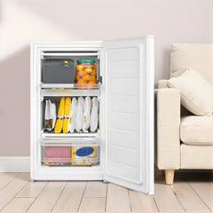 COMFEE' 60 Litre Upright Under Counter Freezer, 48cm Freestanding Freezer - Adjustable Thermostat & Reversible Door for Flexible Installation - 4-Star Freezer Rating Performance in Energy Saving, White Design (Energy E) - Ideal for Small Kitchens, Restaur