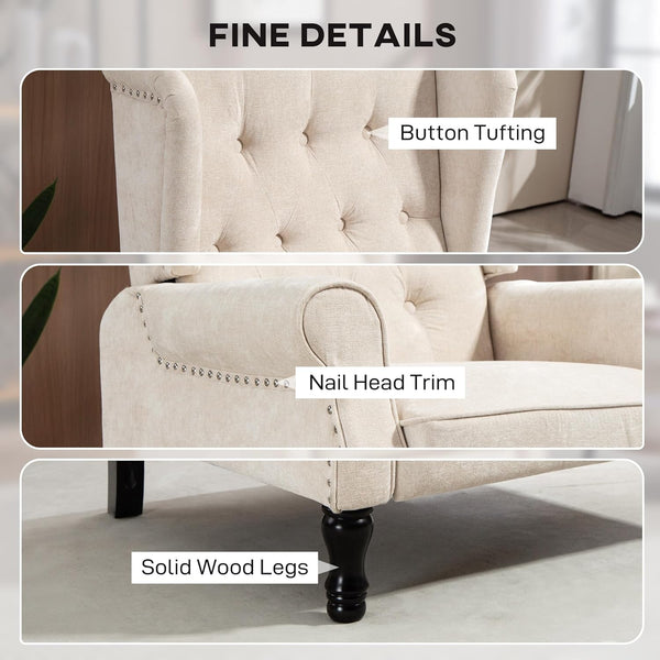 HOMCOM Recliner Armchair, Vintage Reclining Chair with Nail Head Trim, Wingback Chair with Button Tufted Back and Footrest, for Living Room, Beige
