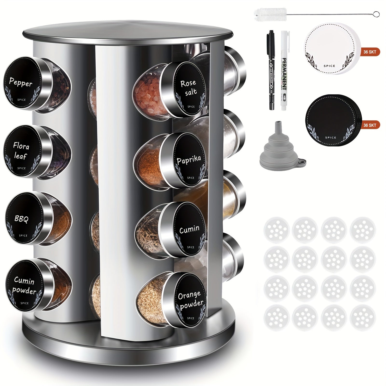 Miorkly Round Kitchen Spice Rack With 16 Spice Bottles, Spice Bottle Rack, Spice Bottle Rack, Spice Rack With Stainless Steel Lid)