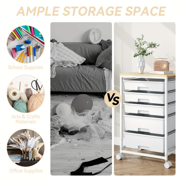 KINGRACK 5-Drawer Rolling Storage Cabinet with Lockable Casters & /Grey Drawers - Heavy-Duty Iron Frame, Space-Saving Mobile Organizer Cart, Compact 27-Inch Height, 3.2 Cu Ft Capacity, Stackable Design for Bedroom, Living Room, Home Office - Easy As