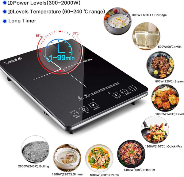 AMZCHEF Single Induction Cooker, Ultra-Thin Induction Hob with Fashion Look, 10-Level Power and Temperature Control, Black Frosted Glass Panel, Touch Sensor, 3-Hour Timer, Safety Lock