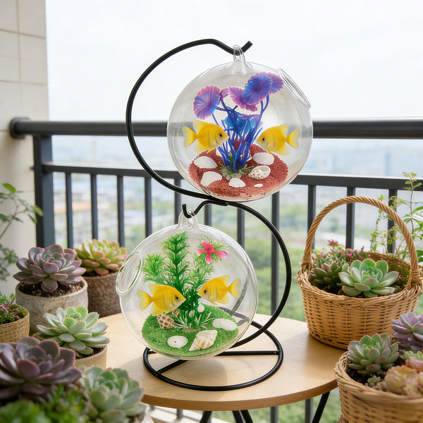 Mini Hanging Glass Aquarium with Stand - Creative Desk Tank for Fish or A Clear Vase for Succulents/Hydroponics, Small Modern Tabletop Oasis Offering Unique Home & Office Decor and A Soothing Gift Idea