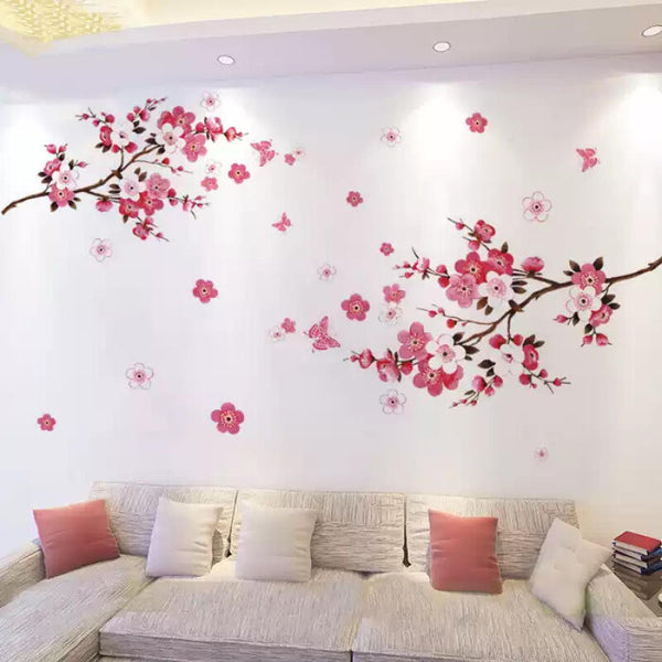 2PCS Pink Blossom Tree Flower Wall Stickers Vinyl Art Decals Glossy Polyvinyl Wall Sticker for Bedroom, Living Room, Bathroom Decor