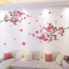 2PCS Pink Blossom Tree Flower Wall Stickers Vinyl Art Decals Glossy Polyvinyl Wall Sticker for Bedroom, Living Room, Bathroom Decor