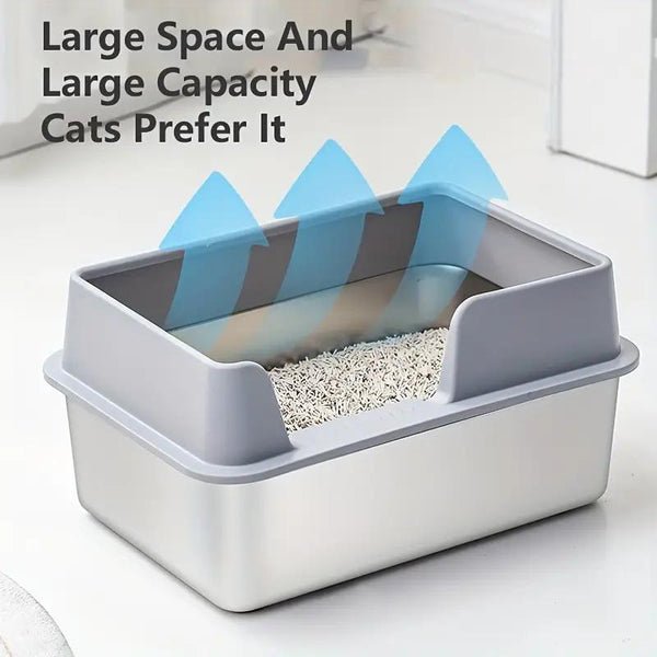 XL Stainless Steel Cat Litter Box, Large Cat Litter Tray with High Sides Anti Leakage, Odor Control, Metal Litter Box with Anti-slip Bottom, Easy Cleaning Kitten Litter Tray for Cats, Black Grey