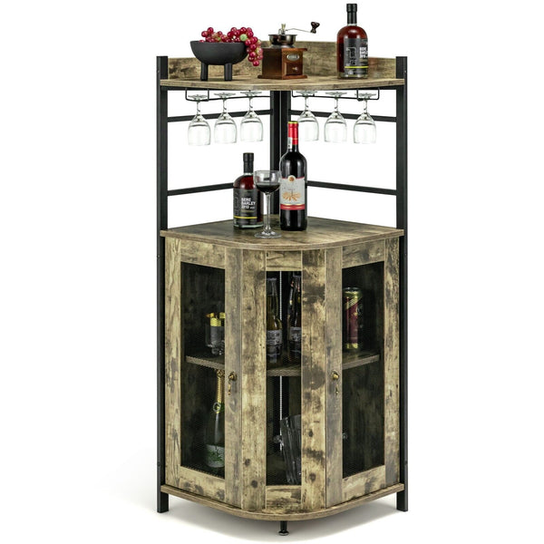 GOFLAME Corner Bar Cabinet Industrial Wine Buffet Cabinet with Glass Holder Mesh Doors