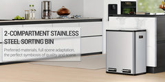 Kitchen Bin, (2 X 30L) 60L Recycling Bins, Pedal Bin with Lid, Stainless Steel Kitchen Bins Recycling And Waste, Silent Slow-Down Closing Lid, with 15 Exclusive Trash Bags, Silvery