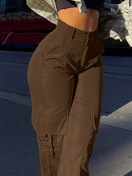 Flap Pocket Solid Color Cargo Pants, Y2K Slant Pocket Button Front Every Day Pants, Women's Clothing