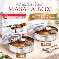 Masala Dabba (Spice Box) | Authentic Indian Style Stainless Steel Masala Dabba | with 7 Removable Compartments & 2 Spoons | See through Lid |