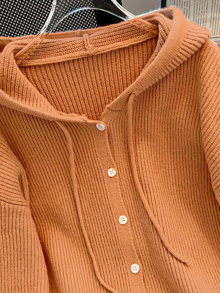 Hooded Button Sweater Cardigan, Spring Autumn Solid Color Casual Simple Open Front Soft Comfortable Elegant Women's Wear