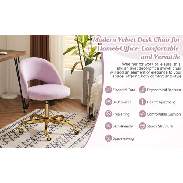 Office Chair Velvet Fabric Swivel Computer Desk Chair Comfy Armless Vanity Task Chair With Adjustable Height, Ergonomic Chair for Home Bedroom (Delicate Lilac)