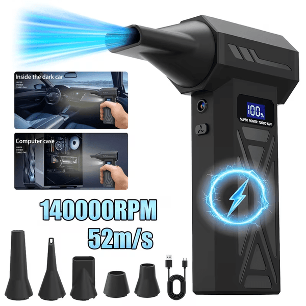 Turbine fan with 140000 revolutions per minute powerful blowing -4-speed speed regulation, multi head nozzle, LED light, suitable for car snow removal, computer dust removal, grill cleaning, outdoor camping, and home ventilation maintenance, wireless port