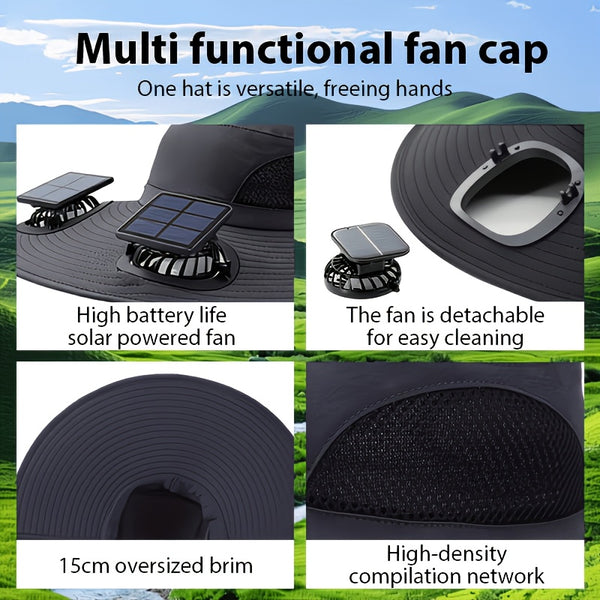 Breathable Wide Brim Fan Hat, Solar Powered Dual Fans, USB Charging, Outdoor Cooling Fisherman Hat for Summer Activities