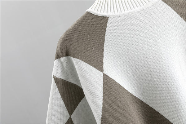 Women'S New Arrival Autumn/ Winter 2024 Casual Check Pattern Sweater Set - Style Trendy Two-Piece Outfit, Long Sleeve, Square Neck, Color Block, Drawstring, Pants, Casual Wear|Check Pattern Top|Drawstring Pants, Sweater Set