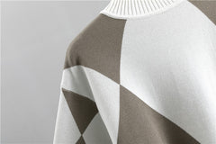 Women'S New Arrival Autumn/ Winter 2024 Casual Check Pattern Sweater Set - Style Trendy Two-Piece Outfit, Long Sleeve, Square Neck, Color Block, Drawstring, Pants, Casual Wear|Check Pattern Top|Drawstring Pants, Sweater Set