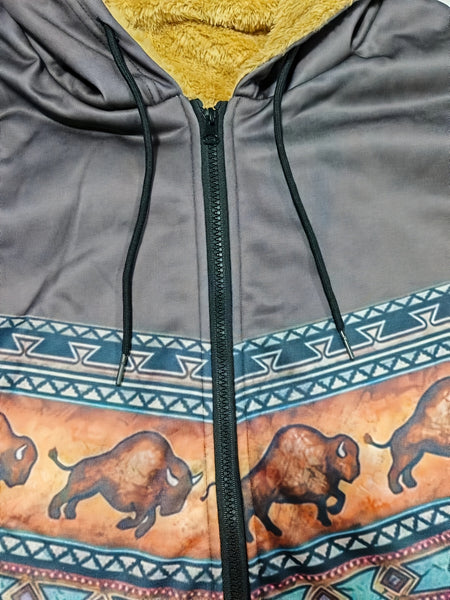 Bohemian Style Men's Autumn/Winter Plaid Vintage -Lined Zip-Up Hooded Sweatshirt