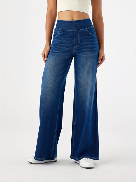 Women'S High-Waist Stretch Denim Wide-Leg Pants with Multiple Pockets, Distressed Vintage Casual Denim Long Pants