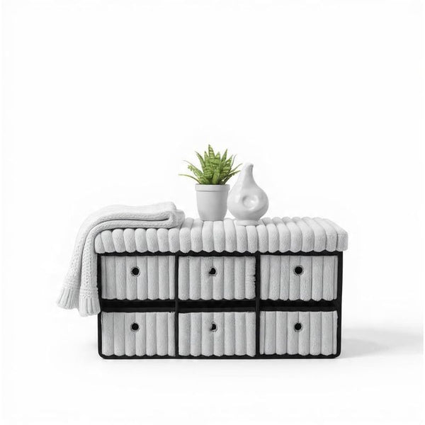 Terra 6 Drawer Folding Ottoman Storage Bench, Ribbed Faux Fur Rectangular Storage Box with Lid, Soft Upholstered Footstool for Bedroom, Hallway & Living Room, Clothes, Toy & Blanket Storage