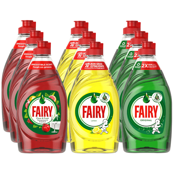 Fairy Washing Up Liquid Mixed Selection - Pack of 9x 320ml (3 Each) - Lemon, Original, Pomegranate & Grapefruit - Household