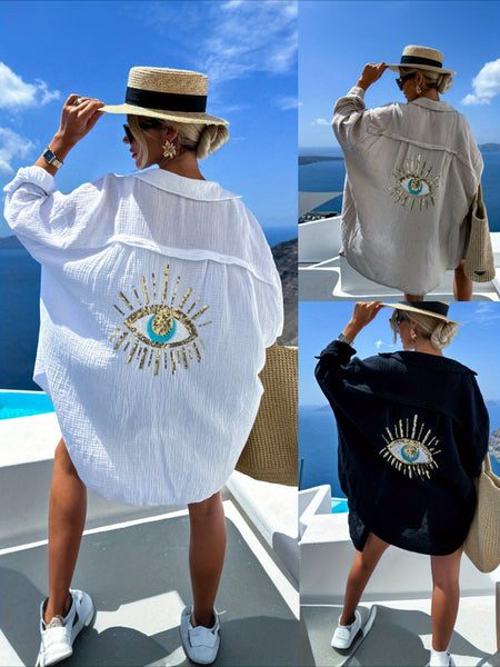 2025 Spring and Summer New Ladies Casual V-neck Pocket Splicing Sequins Loose Long-sleeved Women's Shirt, Lapel Cardigan Design.