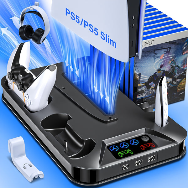 For Ps5/Slim/Pro Cooling Station Stand with Dual Controller Charging Station for Playstation 5 Console, for PS5 Additions Incl. Controller Charger, Cooling Fan, Headset Holder, 3 USB Hub