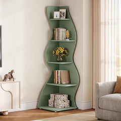 Wavy Office BookShelf, Modern 5-Tier Bookshelf Bookcase with Curvy Shape, Unique Plant Stand Display Rack for Living Room Small Space (Green)