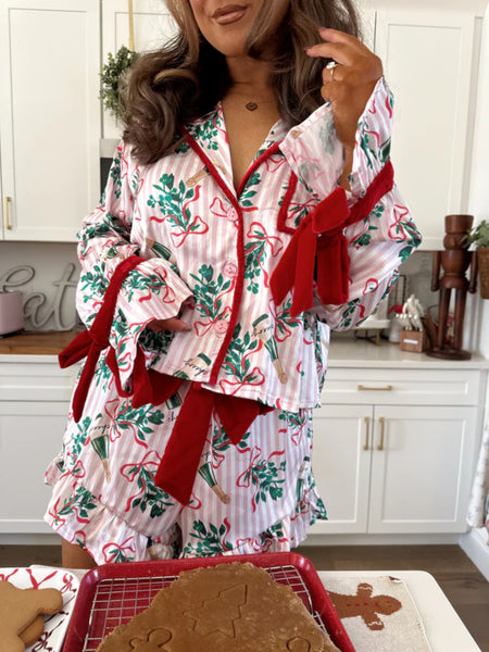 2pcs Womens Pajamas Set | Cute Long Sleeve Wine Striped Print Shirt + Shorts Set Lounge Clothes | Geometric Pattern, All-Season, Casual Style