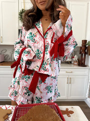 2pcs Womens Pajamas Set | Cute Long Sleeve Wine Striped Print Shirt + Shorts Set Lounge Clothes | Geometric Pattern, All-Season, Casual Style