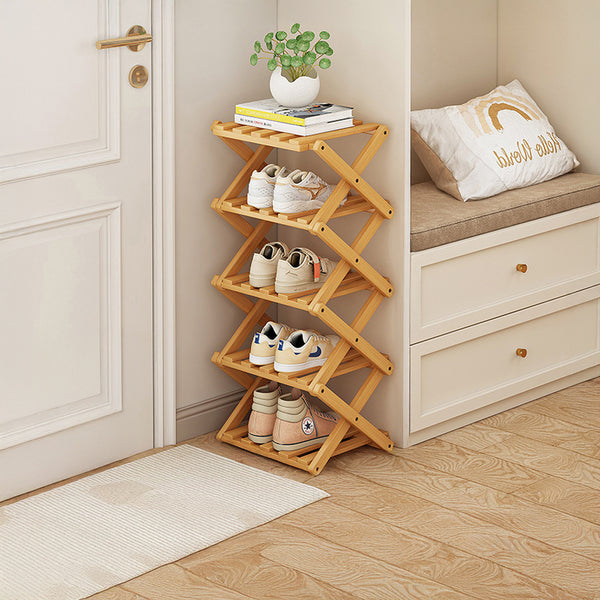 4/5/6/7 Tiers Bamboo Wooden Shoe Rack, Vertical Shoe Racks Storage Shelves Tall Shoe Tower, Collapsible Narrow Shoe Stand, Installation Free Folding X-Shape Shoe Racks Sneakers Slippers Holder Organizer, Multi Functional Shoe Rack Durable Footwear Cabinet
