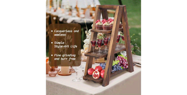 Wooden Double Dessert Table Display Set Rack 3 Tier Serving Tray Solid Wood Ladder Stand Wedding Cupcake Stand Dark Walnut Decorative Tray for Cake Snack Fruit Chips Bread Centerpieces