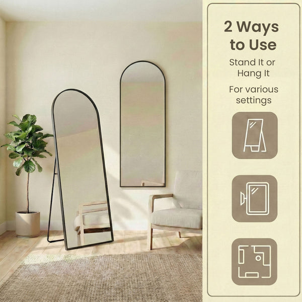 Arched Full-Length Standing Mirror with Magnifying Mirror, Tempered Glass, 160 x 50 cm, Black