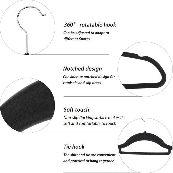 50pcs NON SLIP FLOCKED COAT CLOTHES HANGERS VELVET TROUSER HANGING SPACE SAVER