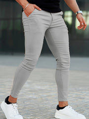 Heyfanee Men's Slim-Fit Elastic Waist Trousers - Khaki Low-Rise Casual Pants with Button Closure & Pockets, All-Season Machine Washable for Daily Wear, Durable Fabric
