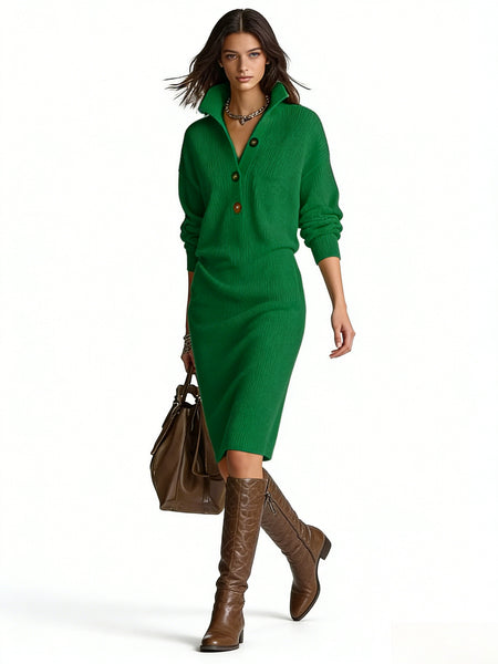 Solid Color Button- Collar Loose-Fit Dress - Straight Tube Mid-Length Dress Suitable for Office, Semi-Formal & Casual Attire - Machine Washable Dress