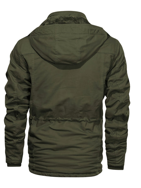 Men's Mid-Length Fleece-Lined Hooded Jacket with Multiple Pockets, Winter Casual Outdoor Workwear Coat