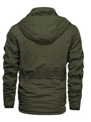 Men's Mid-Length Fleece-Lined Hooded Jacket with Multiple Pockets, Winter Casual Outdoor Workwear Coat