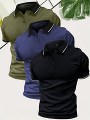 3pcs Set of Summer Collared Men'S Short Sleeve Polo Shirts Solid Color Plain Multicolor Golf Shirts Casual Athletic Wear Men'S Top