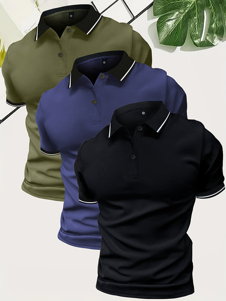 3pcs Set of Summer Collared Men'S Short Sleeve Polo Shirts Solid Color Plain Multicolor Golf Shirts Casual Athletic Wear Men'S Top
