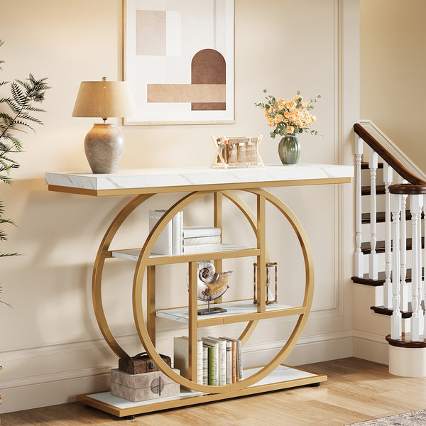 Four Story Console Table Slim Hallway, Entrance Table with Circular Base, Narrow Wooden Decorative Table with Storage Rack, Console Table for Living Room.
