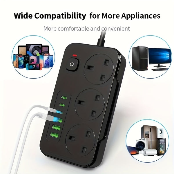2025 New 9-in-1 Multifunctional Power Strip with Multi-Hole Charger, 1 Power Strip (3AC+3USB-A+3TYPE-C), One Main Switch, Equipped with a 1.9 Meter Long Extension Cord, Designed for Home and Office Use